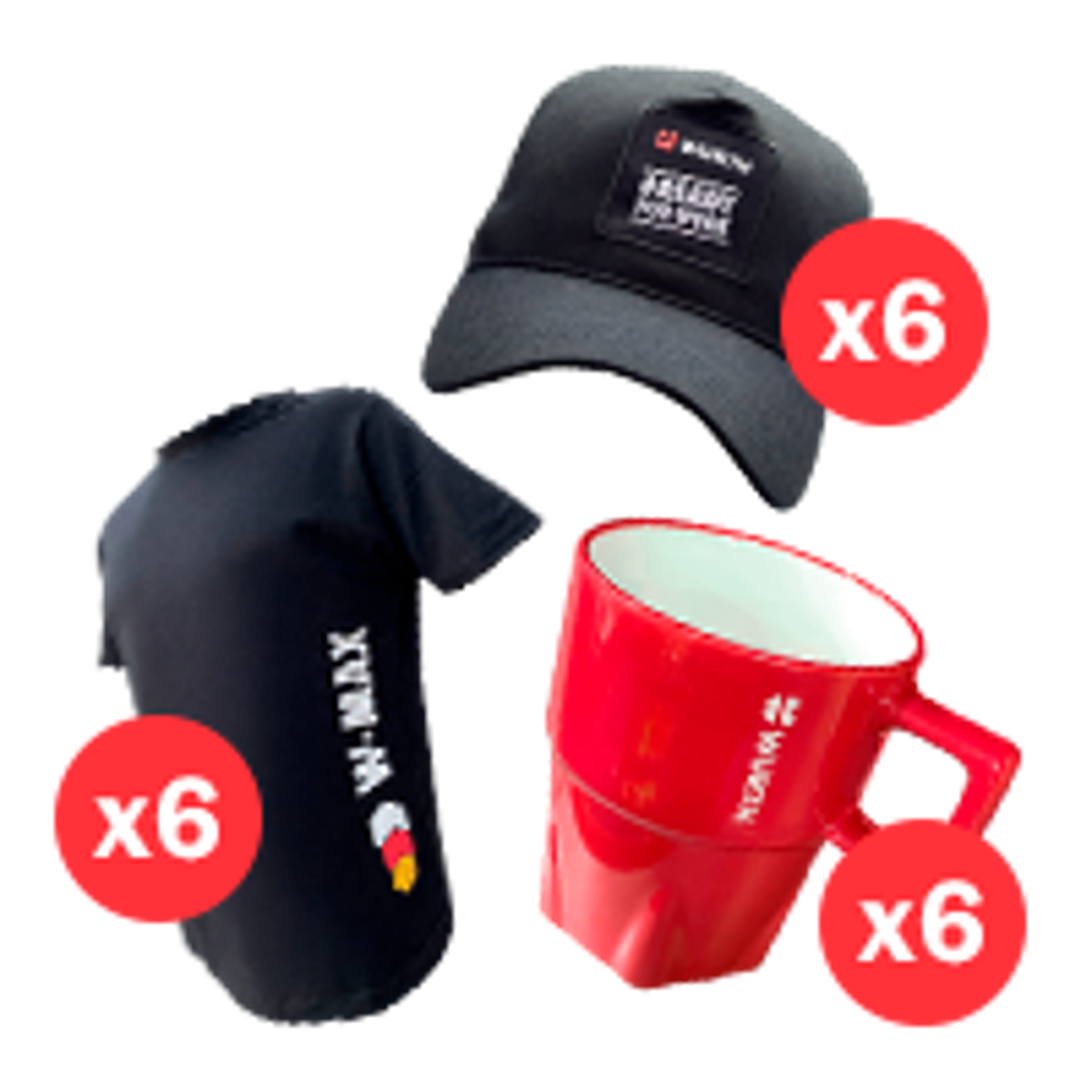 Kit de 6 remeras W-Max + 6 tazas + 6 gorras