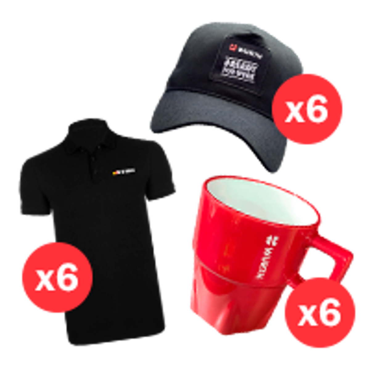 Kit de 6 polos + 6 tazas + 6 gorras